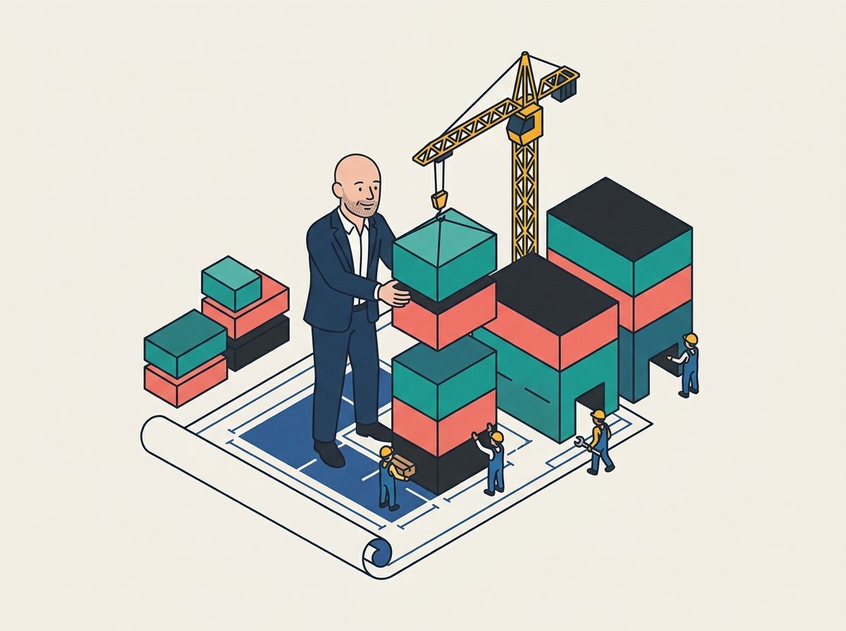 Illustration: a man in a suit stacking building blocks into a growing factory while a crane lowers the next block