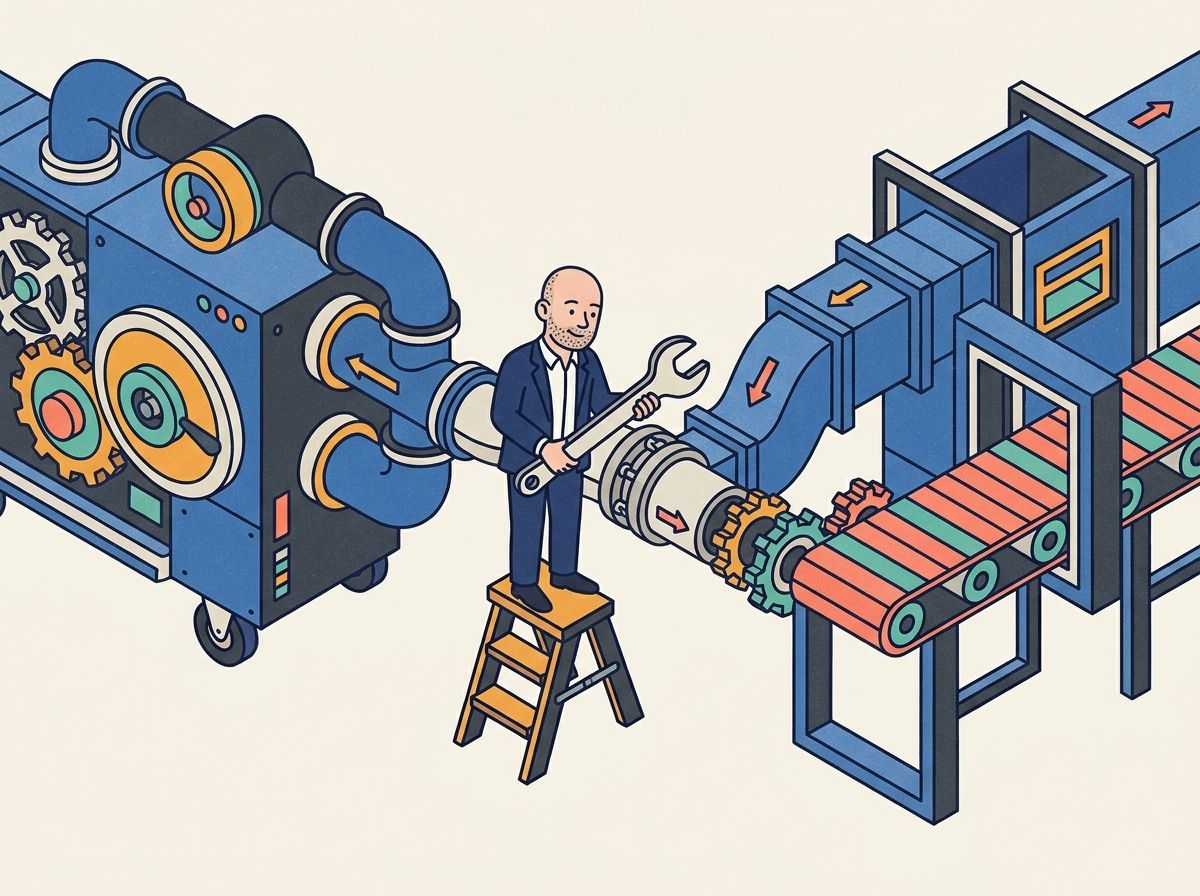 Illustration: a man in a suit on a step ladder joining two different machines into one production line with a wrench
