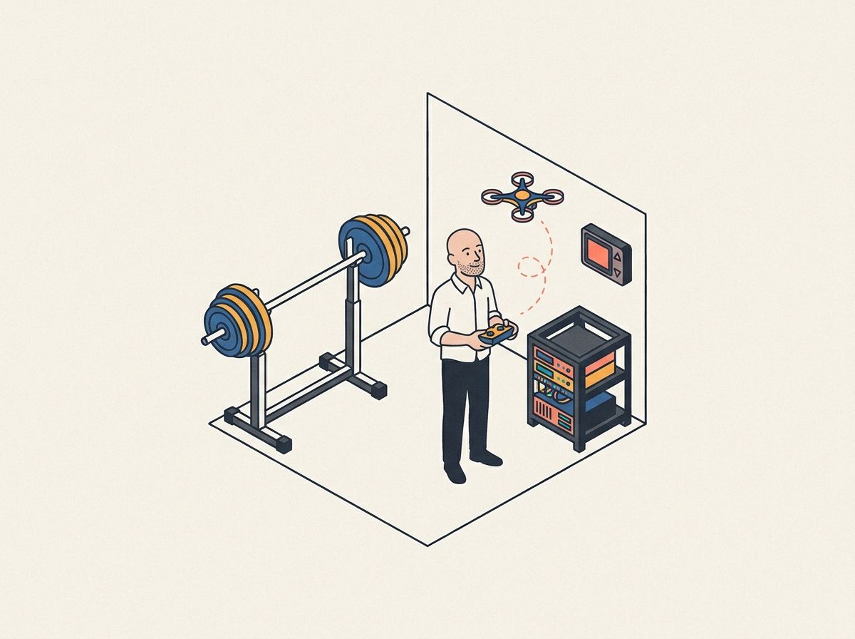 Illustration: a bald man in a white shirt flying a small drone at home, next to a barbell rack and a small server rack