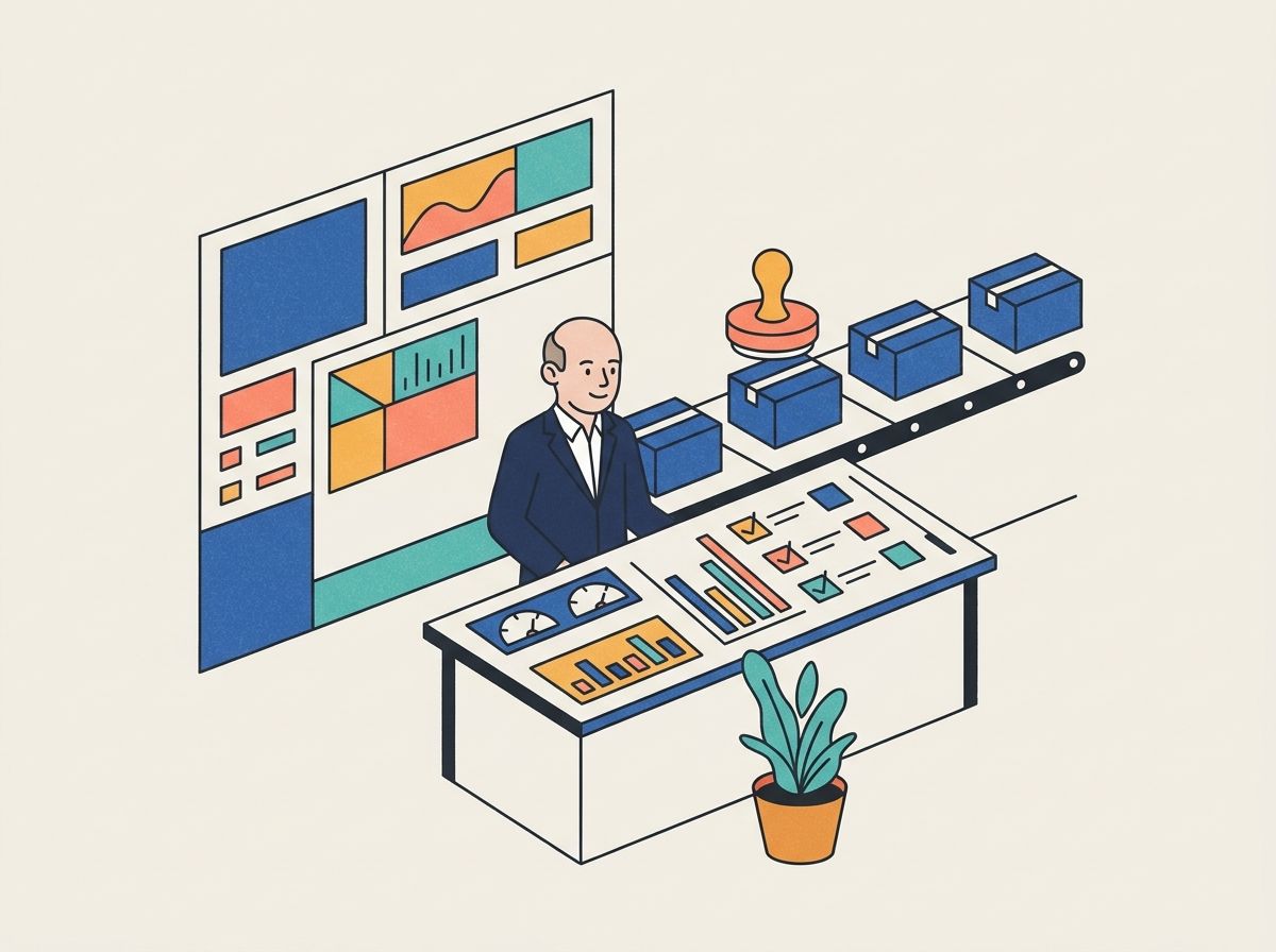 Illustration: a man in a suit at a tidy control desk, with charts on the wall and boxes moving in order on a conveyor